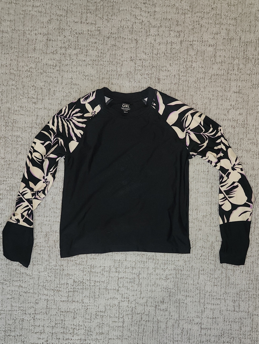 Black Long Sleeve Raglan Top with Cream Floral Sleeves